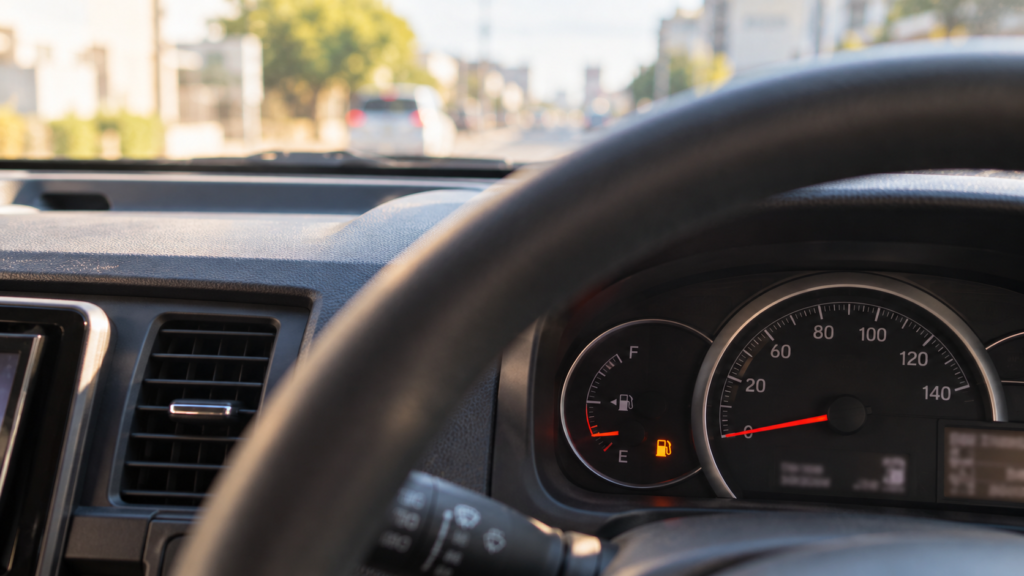 運転席から見た、燃料が少なくなった車のメーター