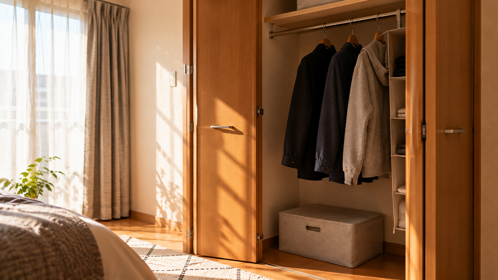 扉を開けたクローゼットに、上着が数着だけ掛かっている