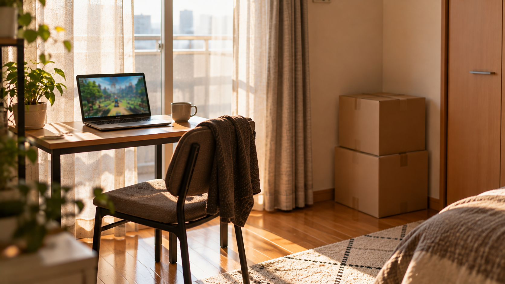 段ボール箱が積まれた部屋の、窓際の机に置かれたノートPC